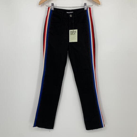 Pam & Gela Cropped Flare with Classic Stripe, Black Side Stripe Kick Flare Jeans - Picture 5 of 12